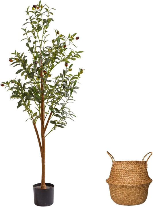4FT Artificial Olive Tree Indoor, Tall Faux Olive Tree with Pot&Basket, Large Fake Olive Tree with Realistic 576 Silk Leaves and 32 Fruits for Living Room Home Office Decor.