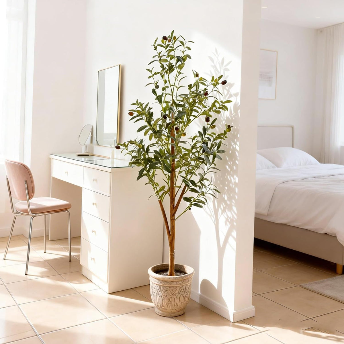 4FT Artificial Olive Tree Indoor, Tall Faux Olive Tree with Pot&Basket, Large Fake Olive Tree with Realistic 576 Silk Leaves and 32 Fruits for Living Room Home Office Decor.