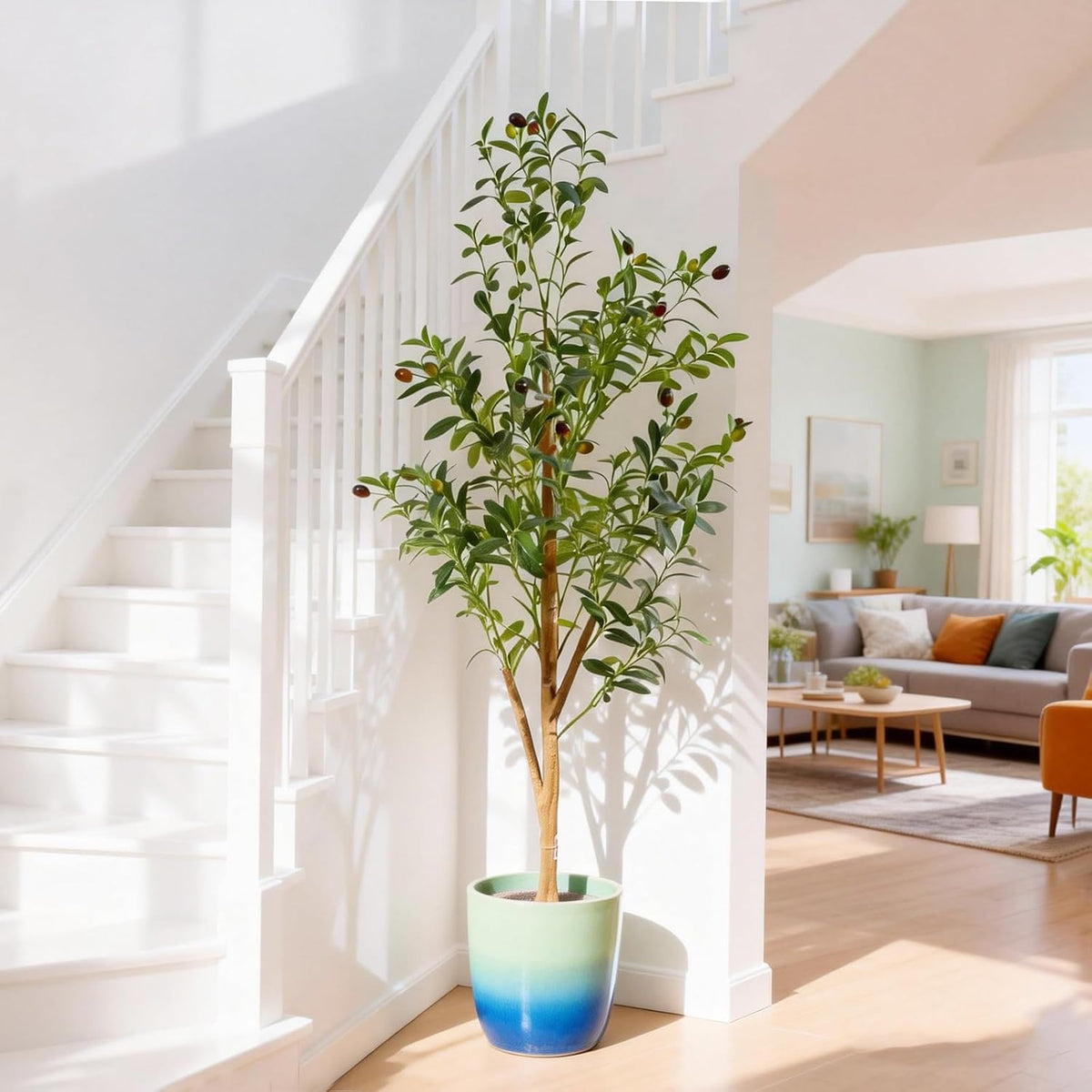 4FT Artificial Olive Tree Indoor, Tall Faux Olive Tree with Pot&Basket, Large Fake Olive Tree with Realistic 576 Silk Leaves and 32 Fruits for Living Room Home Office Decor.