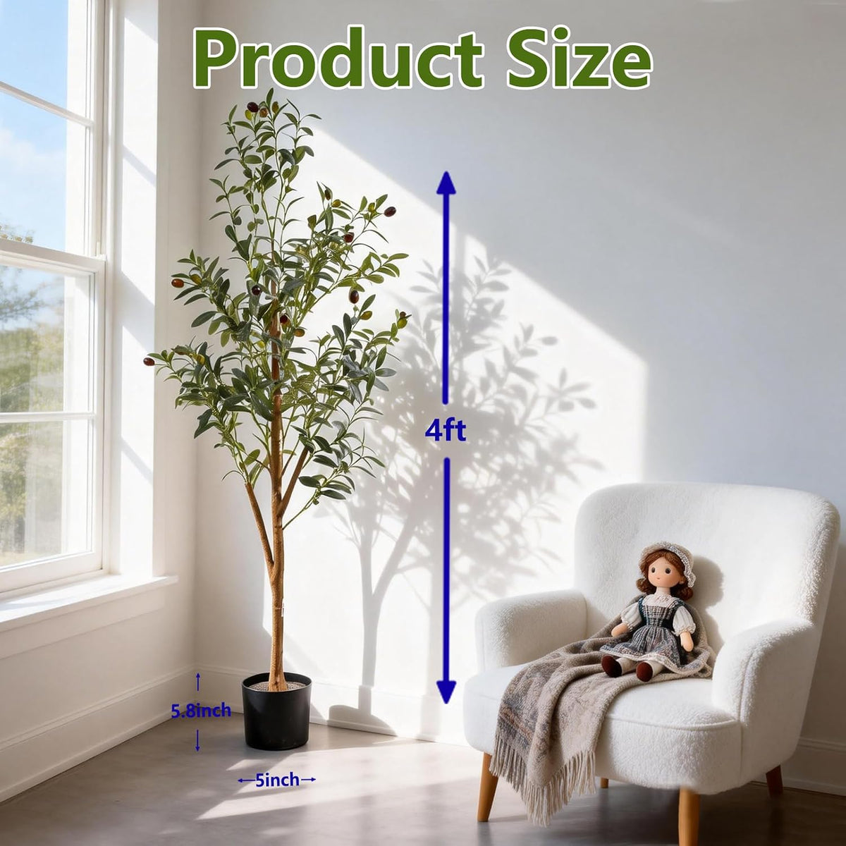 4FT Artificial Olive Tree Indoor, Tall Faux Olive Tree with Pot&Basket, Large Fake Olive Tree with Realistic 576 Silk Leaves and 32 Fruits for Living Room Home Office Decor.