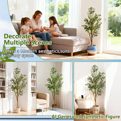 4FT Artificial Olive Tree Indoor, Tall Faux Olive Tree with Pot&Basket, Large Fake Olive Tree with Realistic 576 Silk Leaves and 32 Fruits for Living Room Home Office Decor.