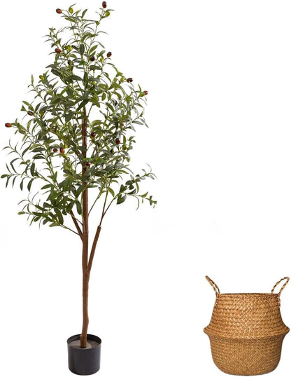 4FT Artificial Olive Tree Indoor, Tall Faux Olive Tree with Pot&Basket, Large Fake Olive Tree with Realistic 576 Silk Leaves and 32 Fruits for Living Room Home Office Decor.