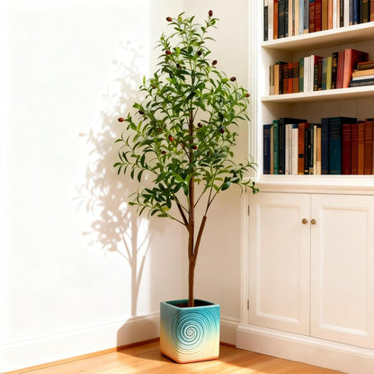 4FT Artificial Olive Tree Indoor, Tall Faux Olive Tree with Pot&Basket, Large Fake Olive Tree with Realistic 576 Silk Leaves and 32 Fruits for Living Room Home Office Decor.