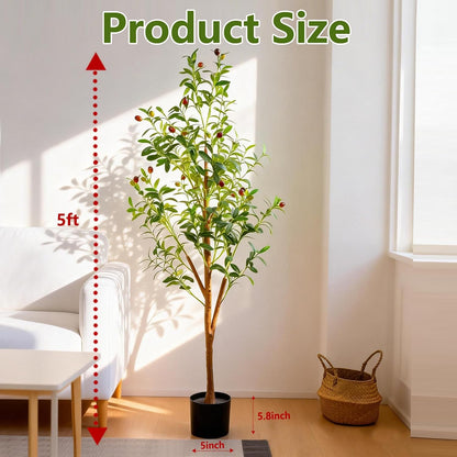 4FT Artificial Olive Tree Indoor, Tall Faux Olive Tree with Pot&Basket, Large Fake Olive Tree with Realistic 576 Silk Leaves and 32 Fruits for Living Room Home Office Decor.