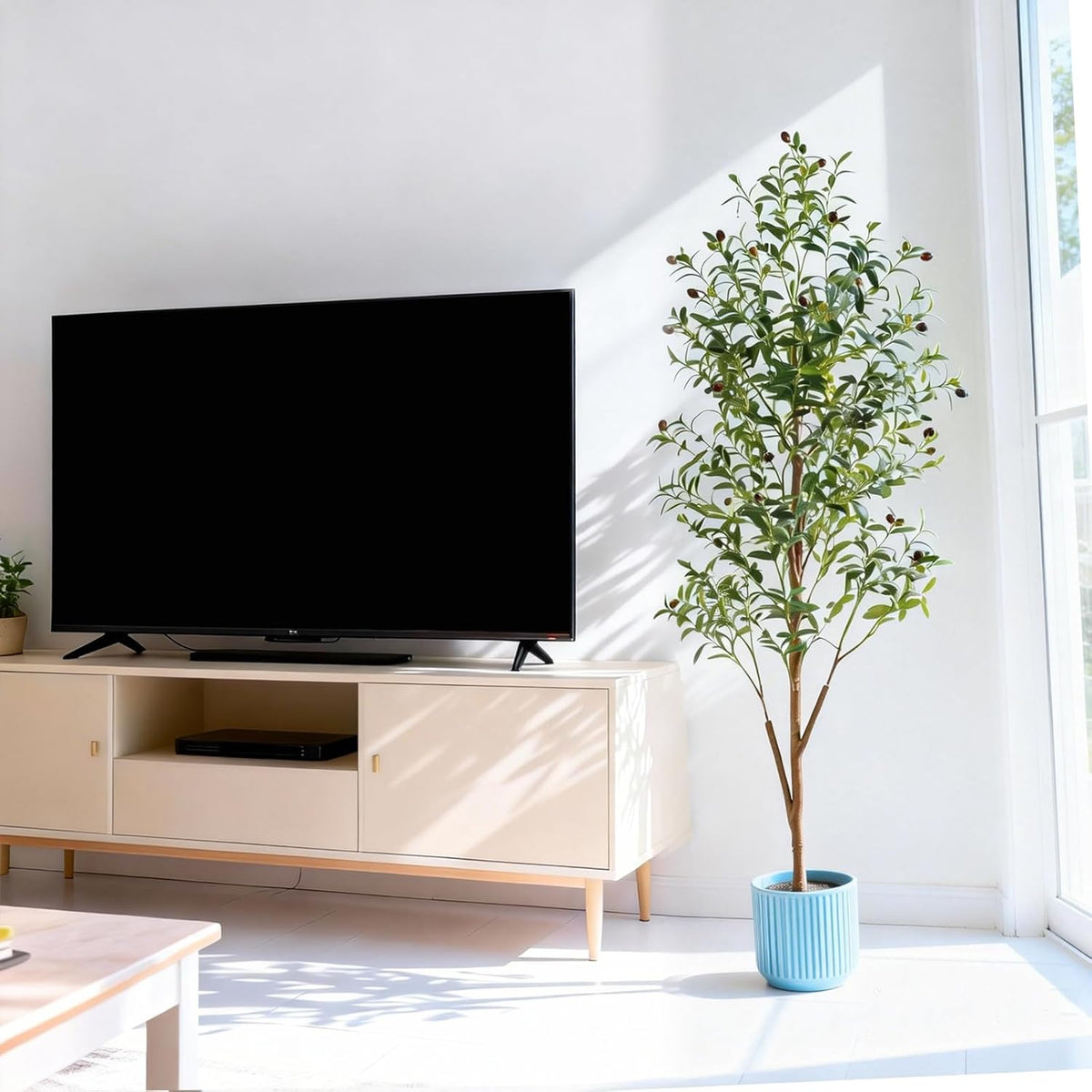 4FT Artificial Olive Tree Indoor, Tall Faux Olive Tree with Pot&Basket, Large Fake Olive Tree with Realistic 576 Silk Leaves and 32 Fruits for Living Room Home Office Decor.