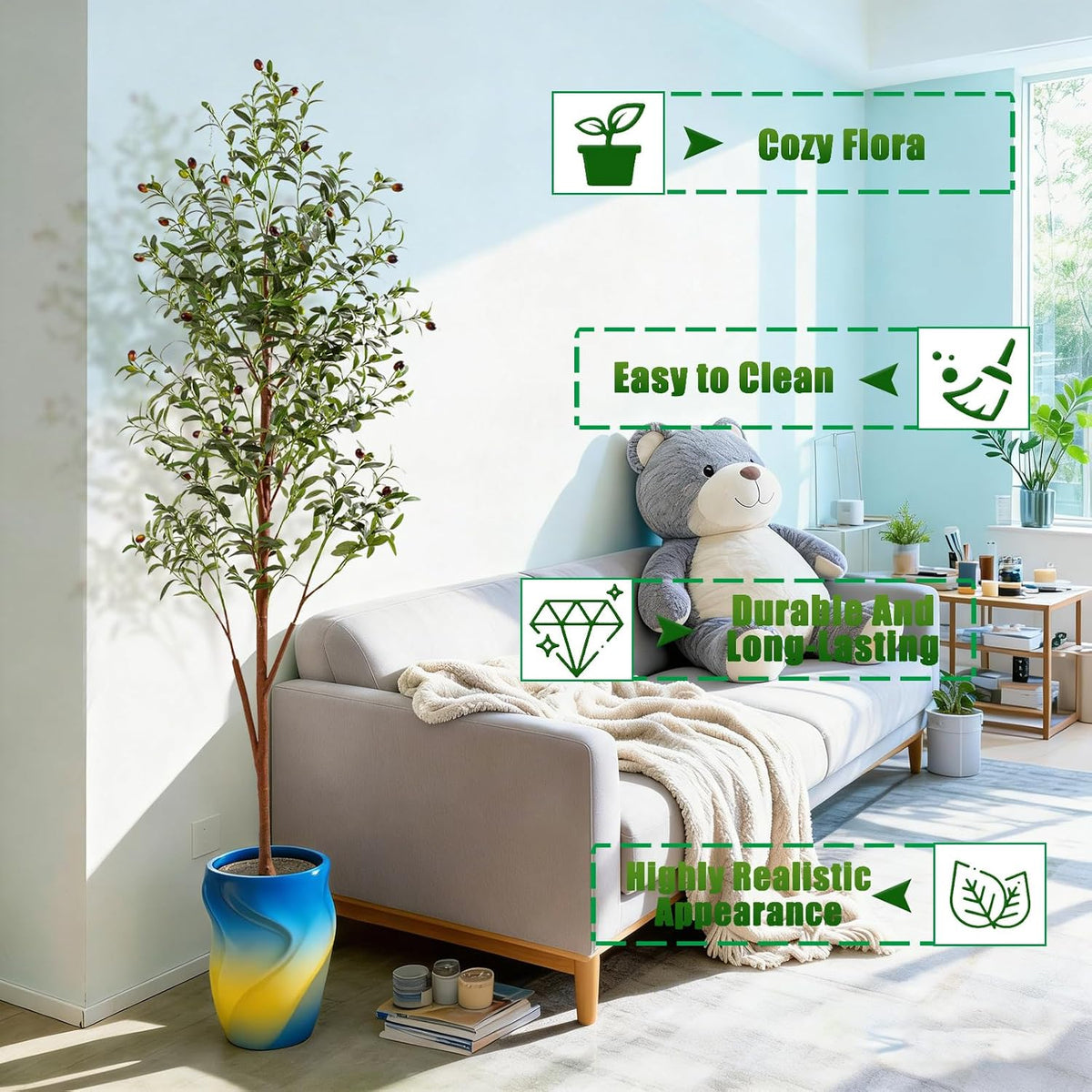 4FT Artificial Olive Tree Indoor, Tall Faux Olive Tree with Pot&Basket, Large Fake Olive Tree with Realistic 576 Silk Leaves and 32 Fruits for Living Room Home Office Decor.