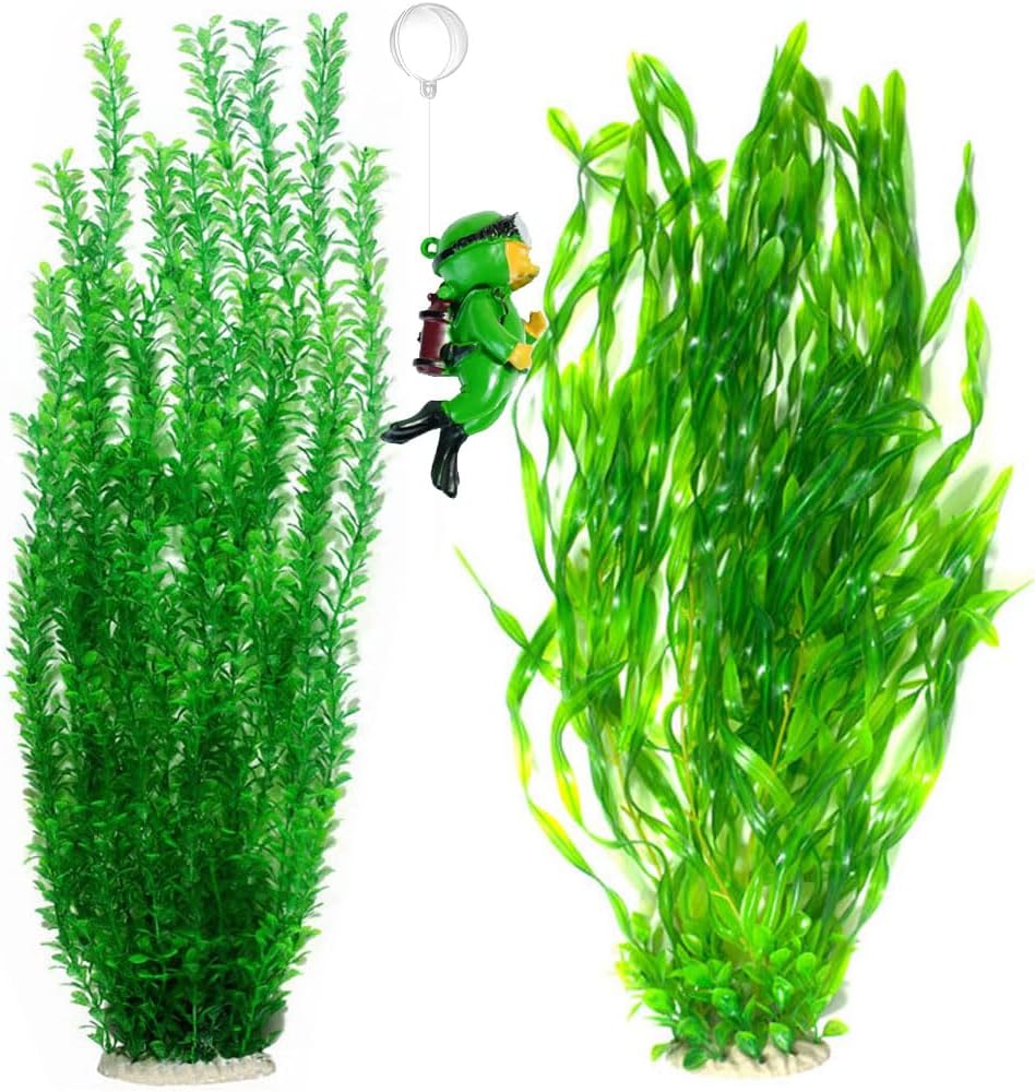 2 Pack Aquarium Decor Artificial Seaweed Water Plants, Extra Large 23.6 Inches Fish Tank Plastic Plants, Tall Fish Tank Decorations with a Aquarium Diver Ornament (Green)