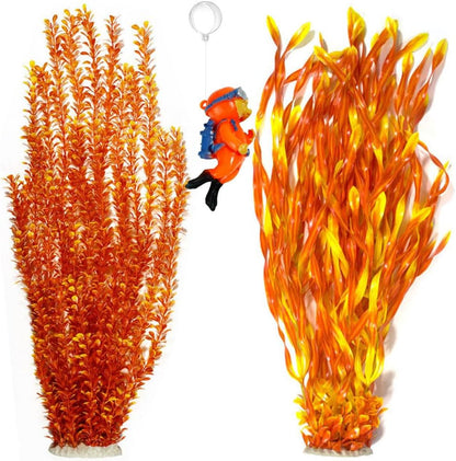 2 Pack Aquarium Decor Artificial Seaweed Water Plants, Extra Large 23.6 Inches Fish Tank Plastic Plants, Tall Fish Tank Decorations with a Aquarium Diver Ornament (Green)