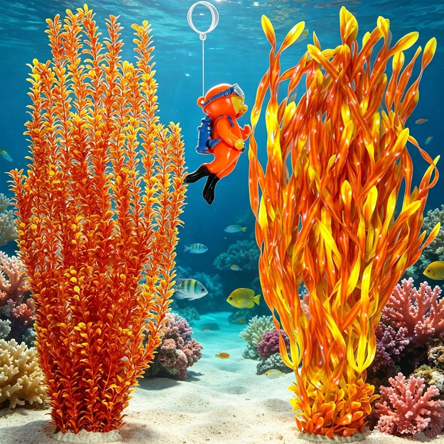 2 Pack Aquarium Decor Artificial Seaweed Water Plants, Extra Large 23.6 Inches Fish Tank Plastic Plants, Tall Fish Tank Decorations with a Aquarium Diver Ornament (Green)