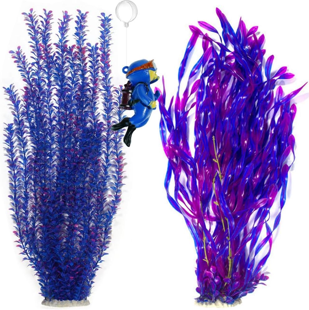 2 Pack Aquarium Decor Artificial Seaweed Water Plants, Extra Large 23.6 Inches Fish Tank Plastic Plants, Tall Fish Tank Decorations with a Aquarium Diver Ornament (Green)