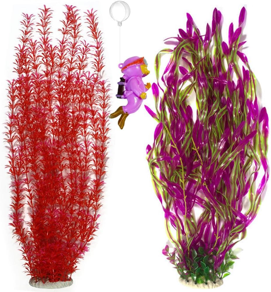 2 Pack Aquarium Decor Artificial Seaweed Water Plants, Extra Large 23.6 Inches Fish Tank Plastic Plants, Tall Fish Tank Decorations with a Aquarium Diver Ornament (Green)