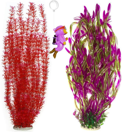 2 Pack Aquarium Decor Artificial Seaweed Water Plants, Extra Large 23.6 Inches Fish Tank Plastic Plants, Tall Fish Tank Decorations with a Aquarium Diver Ornament (Green)