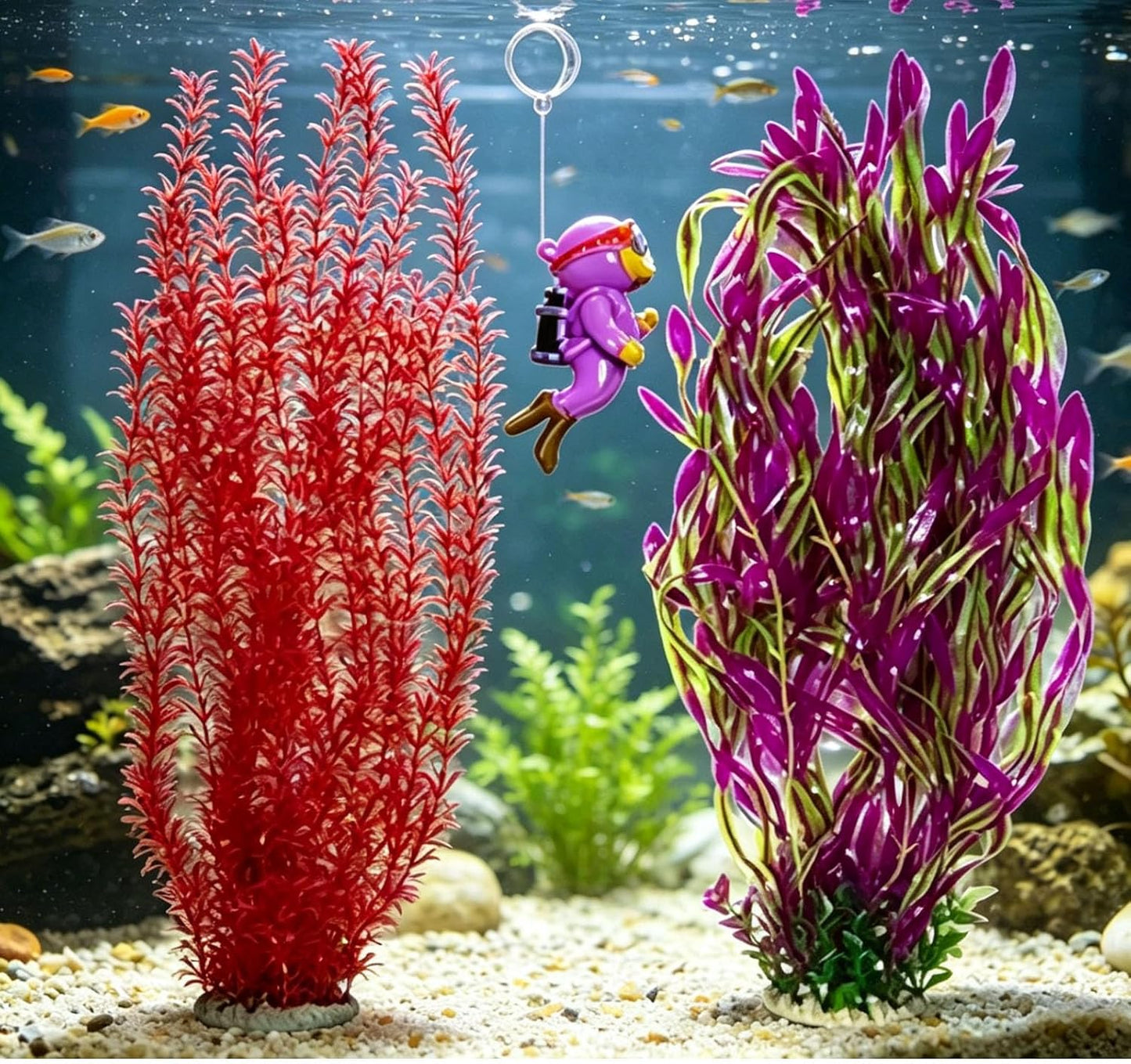 2 Pack Aquarium Decor Artificial Seaweed Water Plants, Extra Large 23.6 Inches Fish Tank Plastic Plants, Tall Fish Tank Decorations with a Aquarium Diver Ornament (Green)