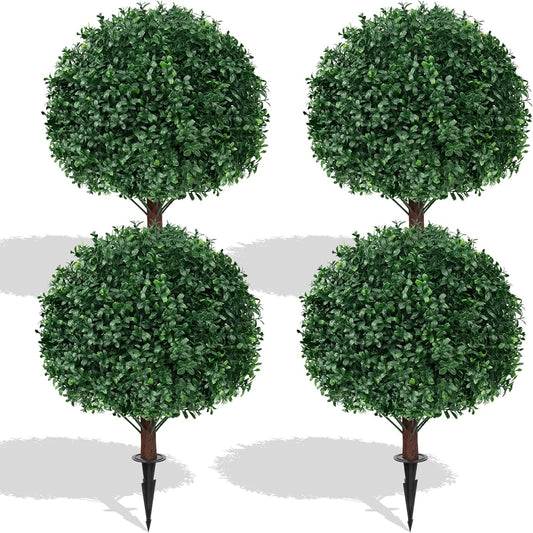 2Pcs Bougainvillea Topiary Ball Trees,Pink Fake Shrubs Bushes | Faux Bushes with Ground Spike,UV Resistant, No Maintenance,Fake Plants for Outdoor&Indoor Front Porch Garden Backyard Decor