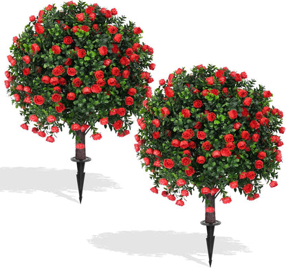 2Pcs Bougainvillea Topiary Ball Trees,Pink Fake Shrubs Bushes | Faux Bushes with Ground Spike,UV Resistant, No Maintenance,Fake Plants for Outdoor&Indoor Front Porch Garden Backyard Decor