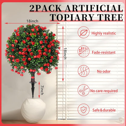 2Pcs Bougainvillea Topiary Ball Trees,Pink Fake Shrubs Bushes | Faux Bushes with Ground Spike,UV Resistant, No Maintenance,Fake Plants for Outdoor&Indoor Front Porch Garden Backyard Decor