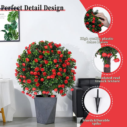 2Pcs Bougainvillea Topiary Ball Trees,Pink Fake Shrubs Bushes | Faux Bushes with Ground Spike,UV Resistant, No Maintenance,Fake Plants for Outdoor&Indoor Front Porch Garden Backyard Decor