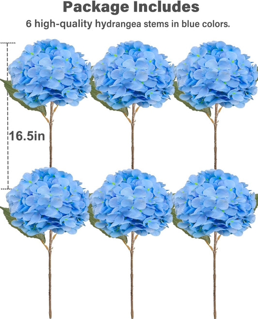 6PCS Premium Blue Silk Hydrangea Artificial Flowers Bouquets - Realistic Fake Hydrangea with Stems, Faux Flower Arrangement for Home Wedding Party Baby Shower Table Centerpieces Decoration