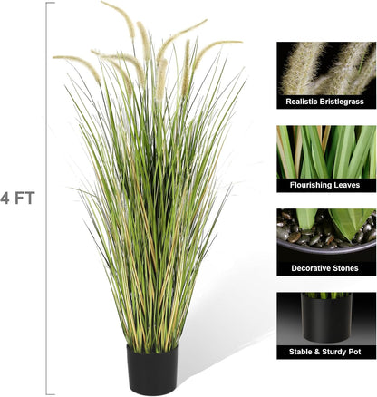 Artificial 4ft Horsetail Reed Grass, 47.2in Artificial Indoor Outdoor Fake Grass Plant, Home Office Wedding Decorative Artificial Plants & Flowers in Pot Faux Plant Greenery, Housewarming Gift