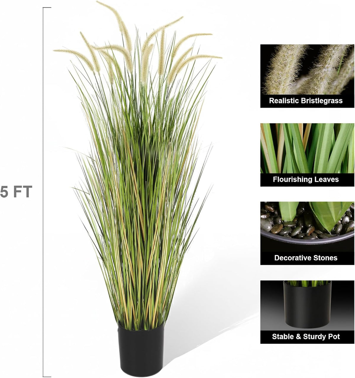 Artificial 4ft Horsetail Reed Grass, 47.2in Artificial Indoor Outdoor Fake Grass Plant, Home Office Wedding Decorative Artificial Plants & Flowers in Pot Faux Plant Greenery, Housewarming Gift