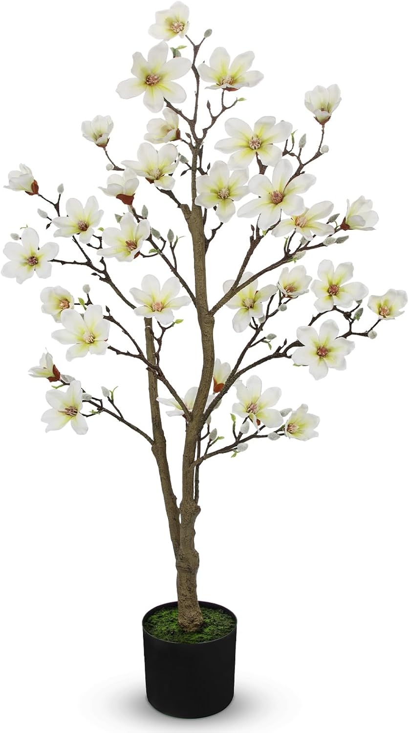 Artificial Magnolia Flower Tree in Black Pot, 2.95FT/35.4IN White Faux Magnolia Silk Floral Tree Fake Potted Tree for Home Living Room Entryway Office Outdoor Porch Decor