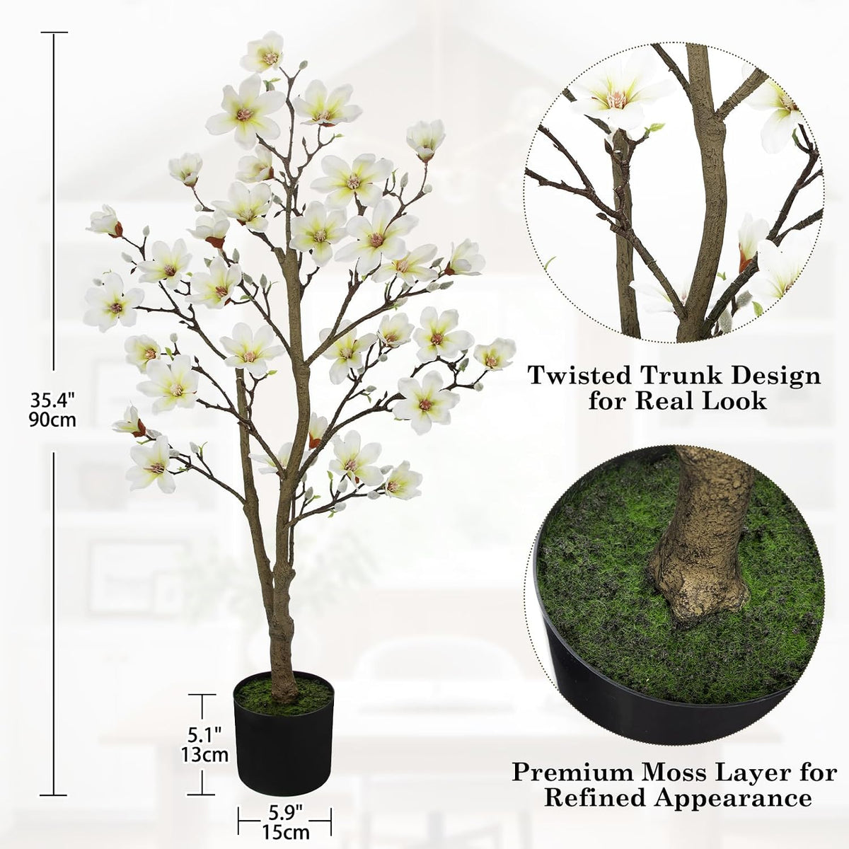 Artificial Magnolia Flower Tree in Black Pot, 2.95FT/35.4IN White Faux Magnolia Silk Floral Tree Fake Potted Tree for Home Living Room Entryway Office Outdoor Porch Decor