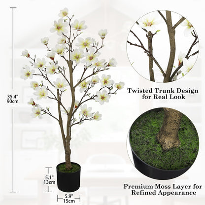 Artificial Magnolia Flower Tree in Black Pot, 2.95FT/35.4IN White Faux Magnolia Silk Floral Tree Fake Potted Tree for Home Living Room Entryway Office Outdoor Porch Decor