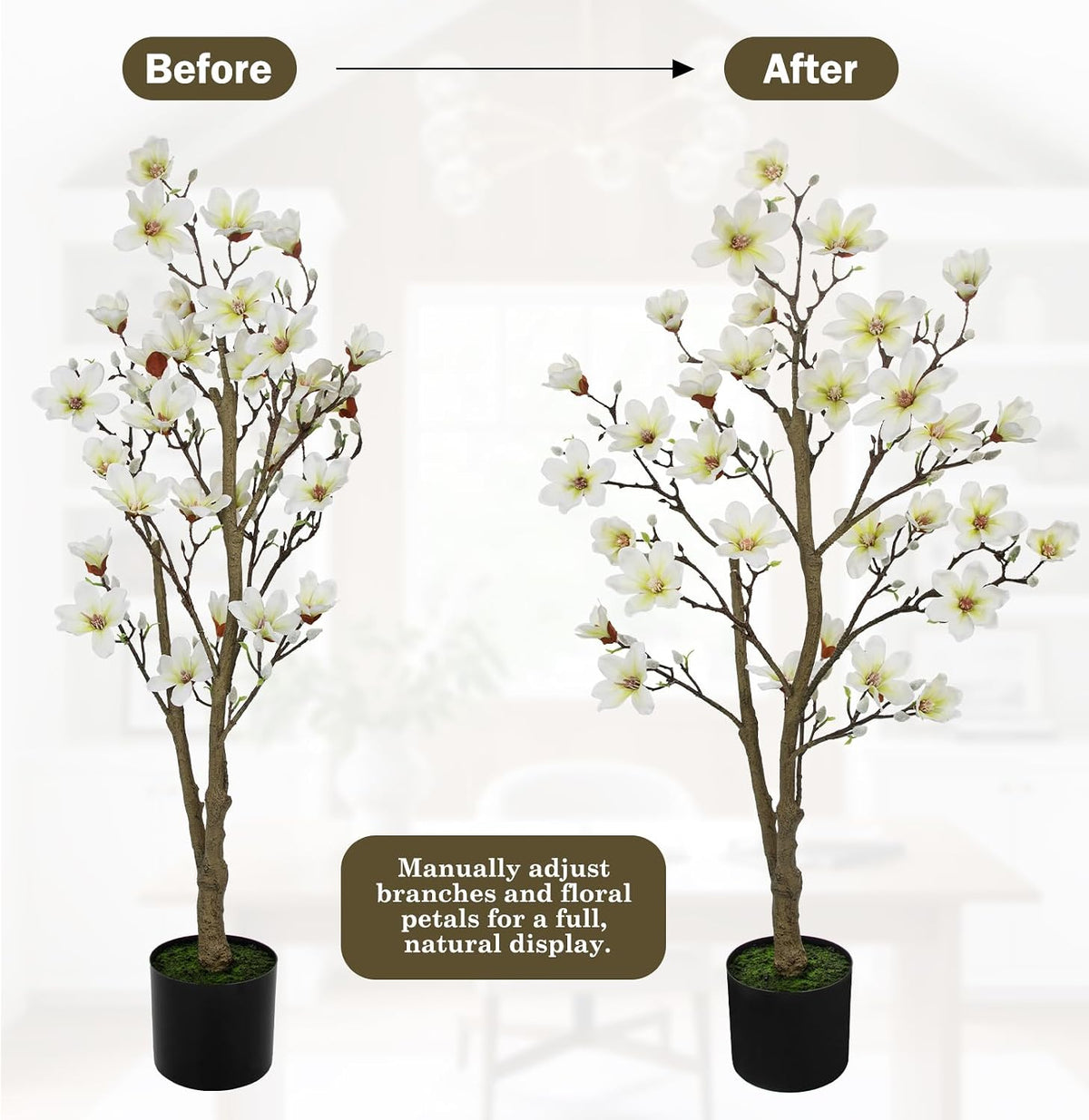 Artificial Magnolia Flower Tree in Black Pot, 2.95FT/35.4IN White Faux Magnolia Silk Floral Tree Fake Potted Tree for Home Living Room Entryway Office Outdoor Porch Decor