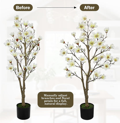 Artificial Magnolia Flower Tree in Black Pot, 2.95FT/35.4IN White Faux Magnolia Silk Floral Tree Fake Potted Tree for Home Living Room Entryway Office Outdoor Porch Decor
