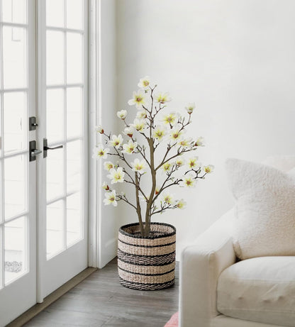 Artificial Magnolia Flower Tree in Black Pot, 2.95FT/35.4IN White Faux Magnolia Silk Floral Tree Fake Potted Tree for Home Living Room Entryway Office Outdoor Porch Decor