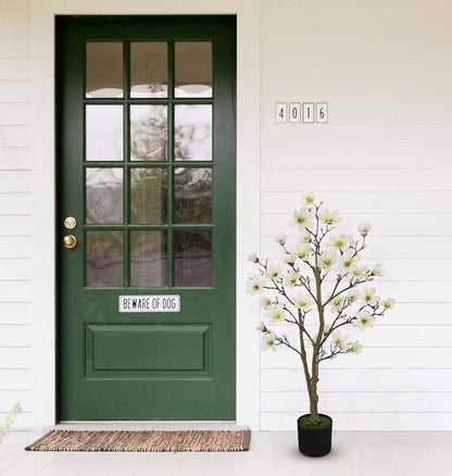 Artificial Magnolia Flower Tree in Black Pot, 2.95FT/35.4IN White Faux Magnolia Silk Floral Tree Fake Potted Tree for Home Living Room Entryway Office Outdoor Porch Decor