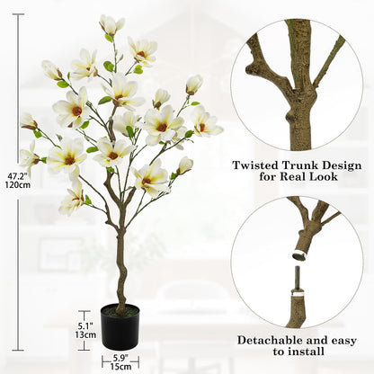 Artificial Magnolia Flower Tree in Black Pot, 2.95FT/35.4IN White Faux Magnolia Silk Floral Tree Fake Potted Tree for Home Living Room Entryway Office Outdoor Porch Decor