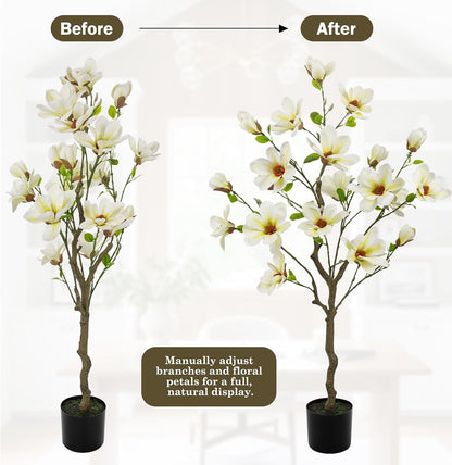 Artificial Magnolia Flower Tree in Black Pot, 2.95FT/35.4IN White Faux Magnolia Silk Floral Tree Fake Potted Tree for Home Living Room Entryway Office Outdoor Porch Decor