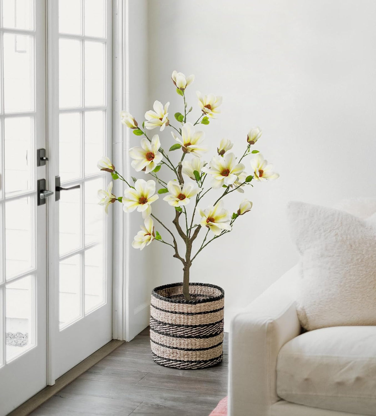 Artificial Magnolia Flower Tree in Black Pot, 2.95FT/35.4IN White Faux Magnolia Silk Floral Tree Fake Potted Tree for Home Living Room Entryway Office Outdoor Porch Decor