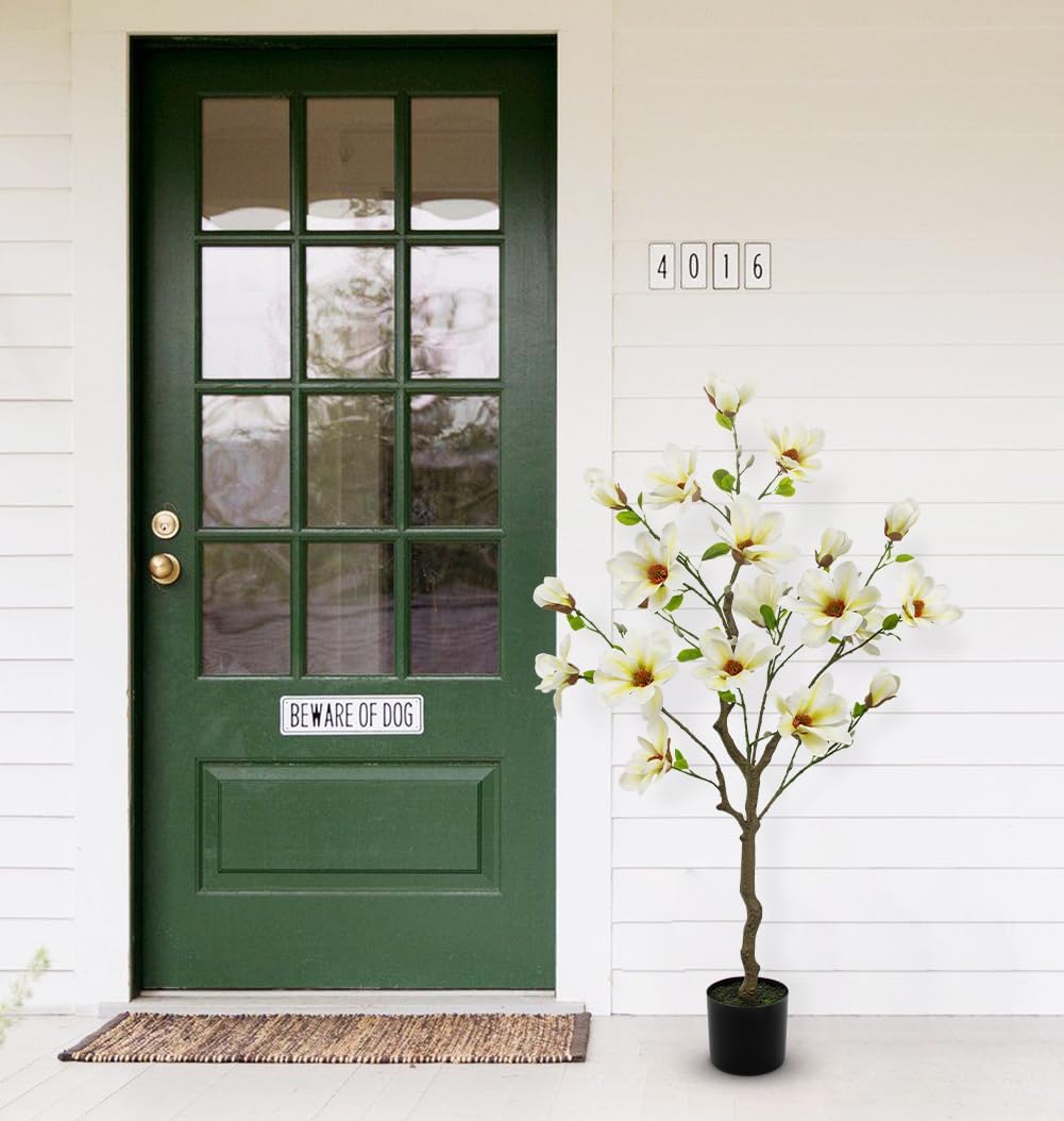 Artificial Magnolia Flower Tree in Black Pot, 2.95FT/35.4IN White Faux Magnolia Silk Floral Tree Fake Potted Tree for Home Living Room Entryway Office Outdoor Porch Decor