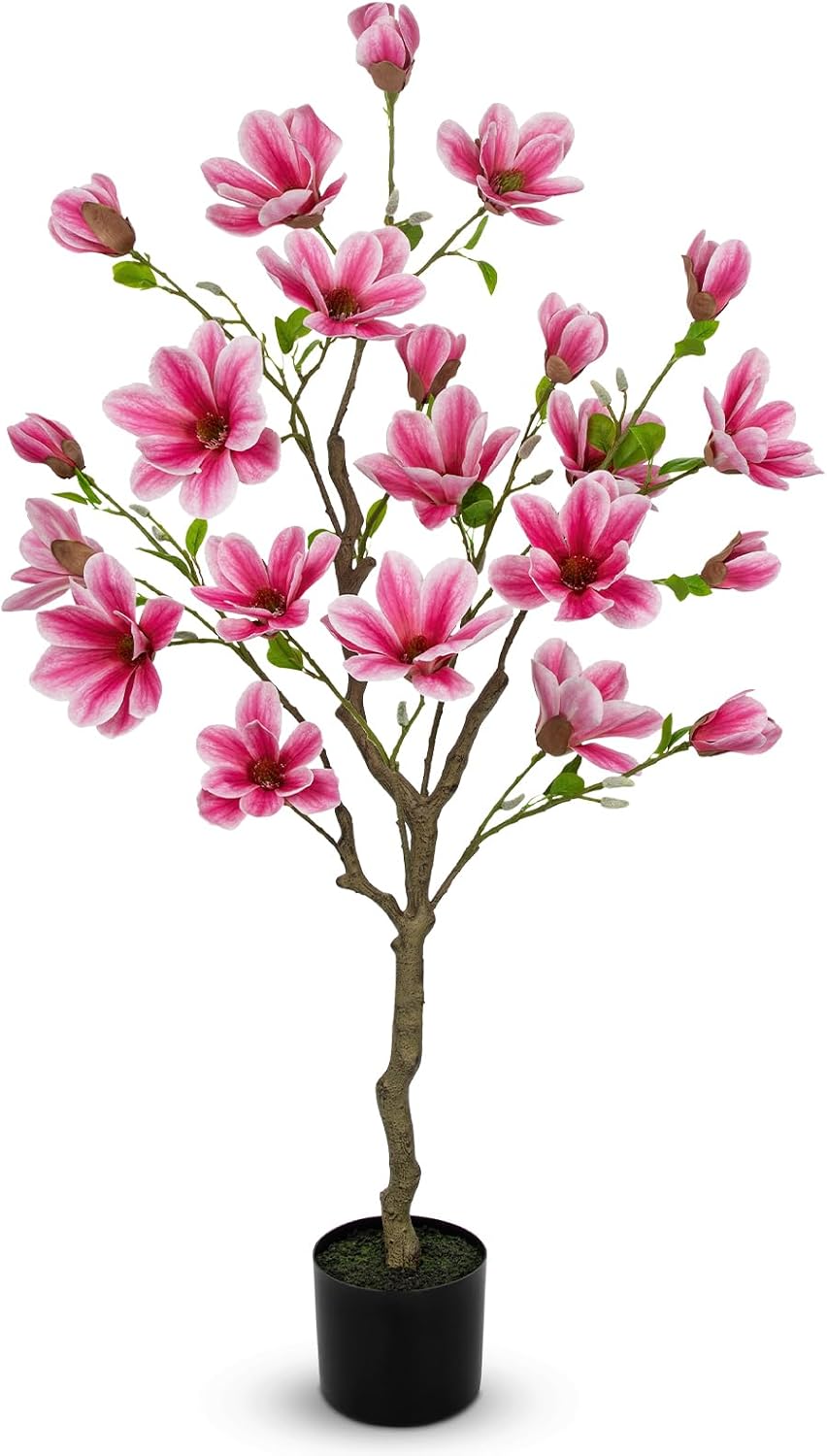 Artificial Magnolia Flower Tree in Black Pot, 2.95FT/35.4IN White Faux Magnolia Silk Floral Tree Fake Potted Tree for Home Living Room Entryway Office Outdoor Porch Decor
