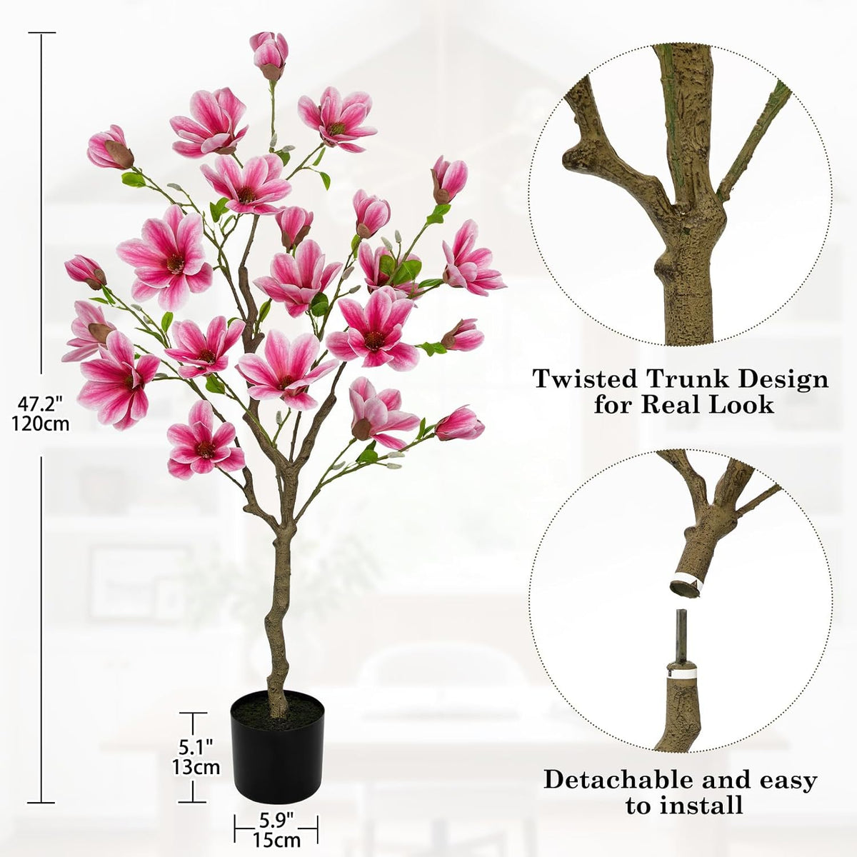 Artificial Magnolia Flower Tree in Black Pot, 2.95FT/35.4IN White Faux Magnolia Silk Floral Tree Fake Potted Tree for Home Living Room Entryway Office Outdoor Porch Decor
