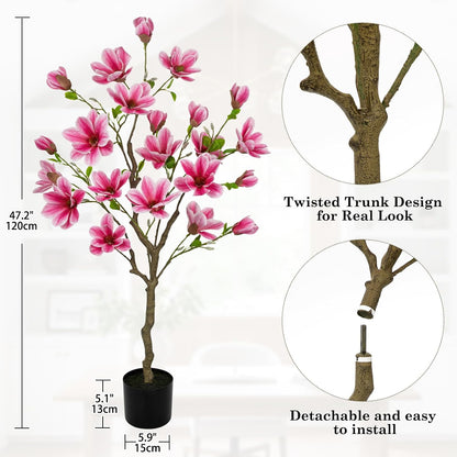 Artificial Magnolia Flower Tree in Black Pot, 2.95FT/35.4IN White Faux Magnolia Silk Floral Tree Fake Potted Tree for Home Living Room Entryway Office Outdoor Porch Decor