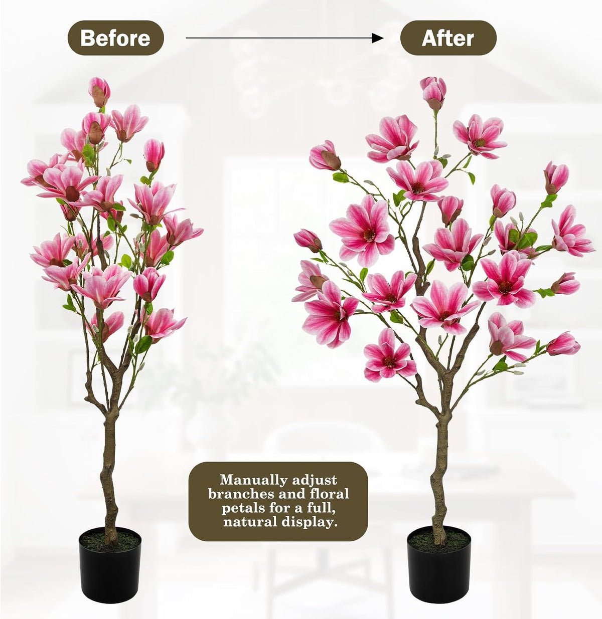 Artificial Magnolia Flower Tree in Black Pot, 2.95FT/35.4IN White Faux Magnolia Silk Floral Tree Fake Potted Tree for Home Living Room Entryway Office Outdoor Porch Decor
