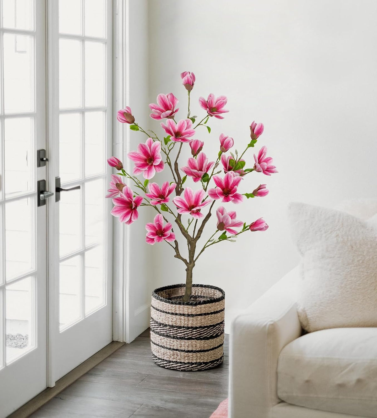 Artificial Magnolia Flower Tree in Black Pot, 2.95FT/35.4IN White Faux Magnolia Silk Floral Tree Fake Potted Tree for Home Living Room Entryway Office Outdoor Porch Decor