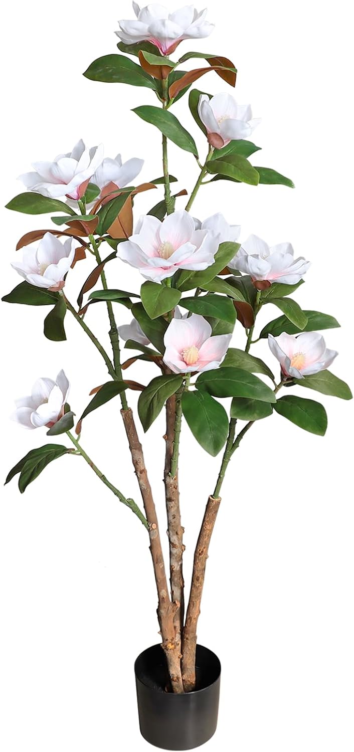 Artificial Magnolia Tree, 4FT Faux Potted Plant, 48 Inch Fake Magnolia Tree with Realistic Flowers Leaves and Adjustable Branches