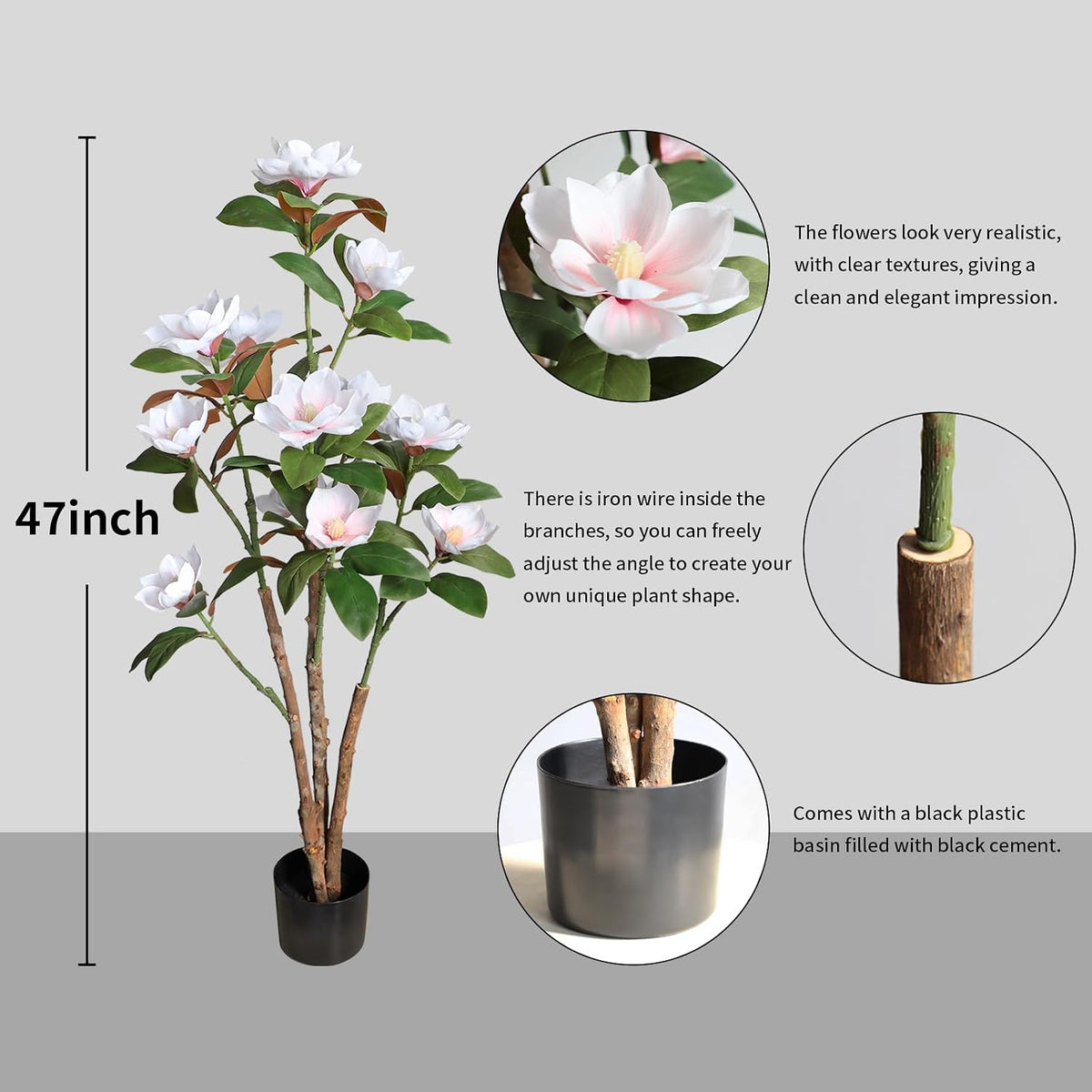 Artificial Magnolia Tree, 4FT Faux Potted Plant, 48 Inch Fake Magnolia Tree with Realistic Flowers Leaves and Adjustable Branches