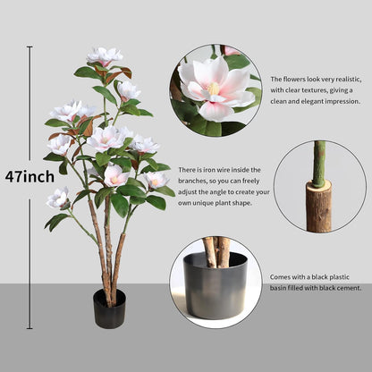 Artificial Magnolia Tree, 4FT Faux Potted Plant, 48 Inch Fake Magnolia Tree with Realistic Flowers Leaves and Adjustable Branches