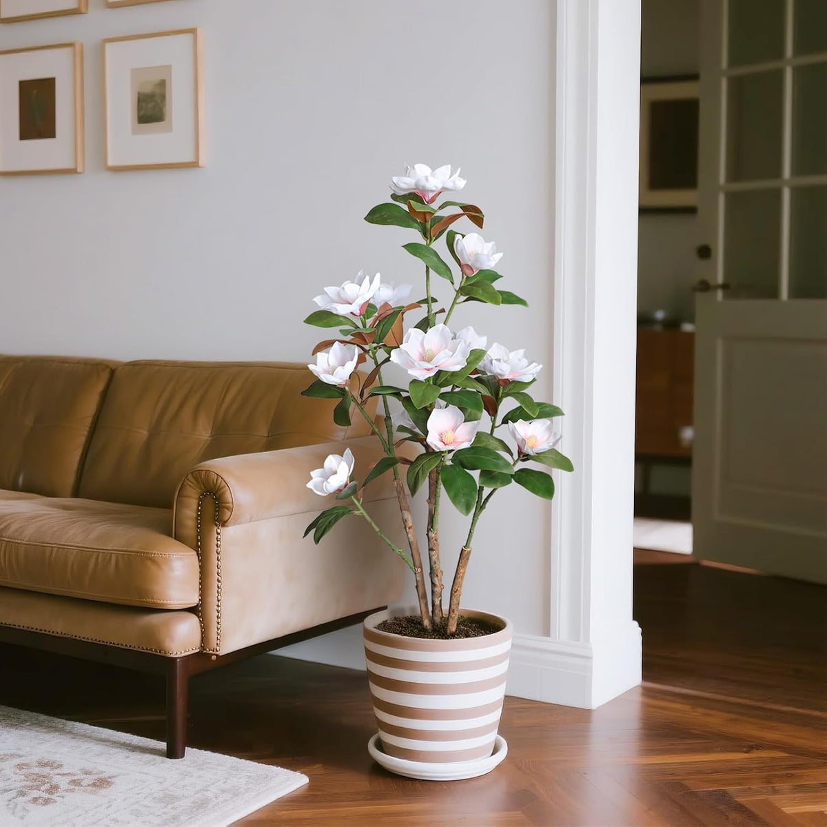 Artificial Magnolia Tree, 4FT Faux Potted Plant, 48 Inch Fake Magnolia Tree with Realistic Flowers Leaves and Adjustable Branches