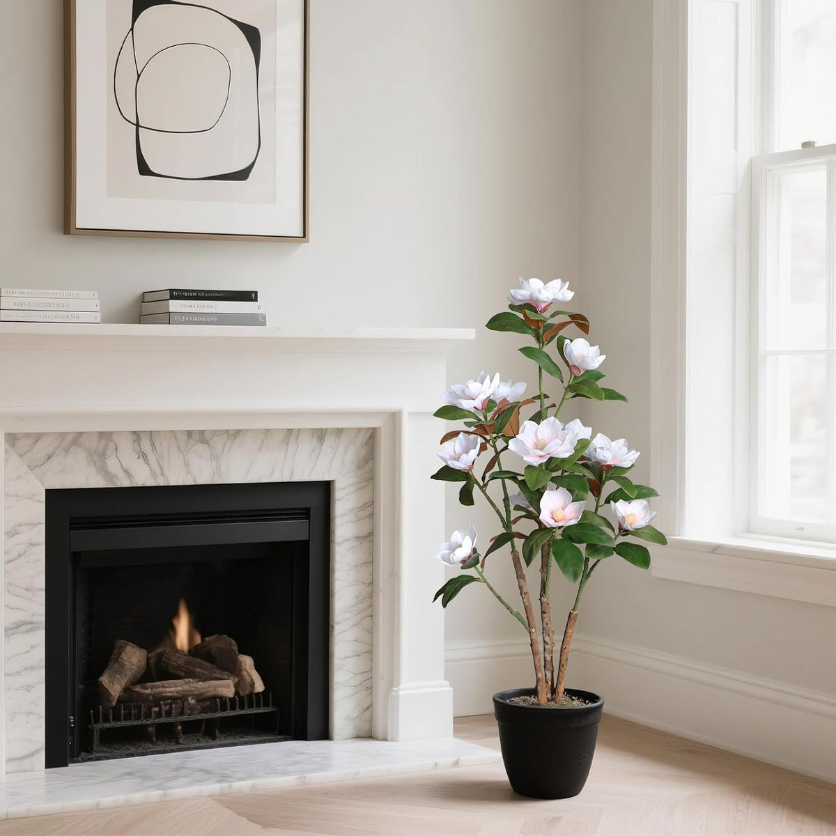 Artificial Magnolia Tree, 4FT Faux Potted Plant, 48 Inch Fake Magnolia Tree with Realistic Flowers Leaves and Adjustable Branches