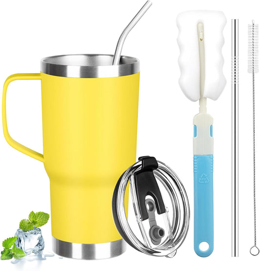 20 oz Tumbler with Handle, Stainless Steel Insulated Tumbler with Lid and Straw, Double Wall Vacuum Coffee Mug Tumbler, Insulated Coffee Thermal Cup for Cold and Hot (Yellow, 20 Ounces)