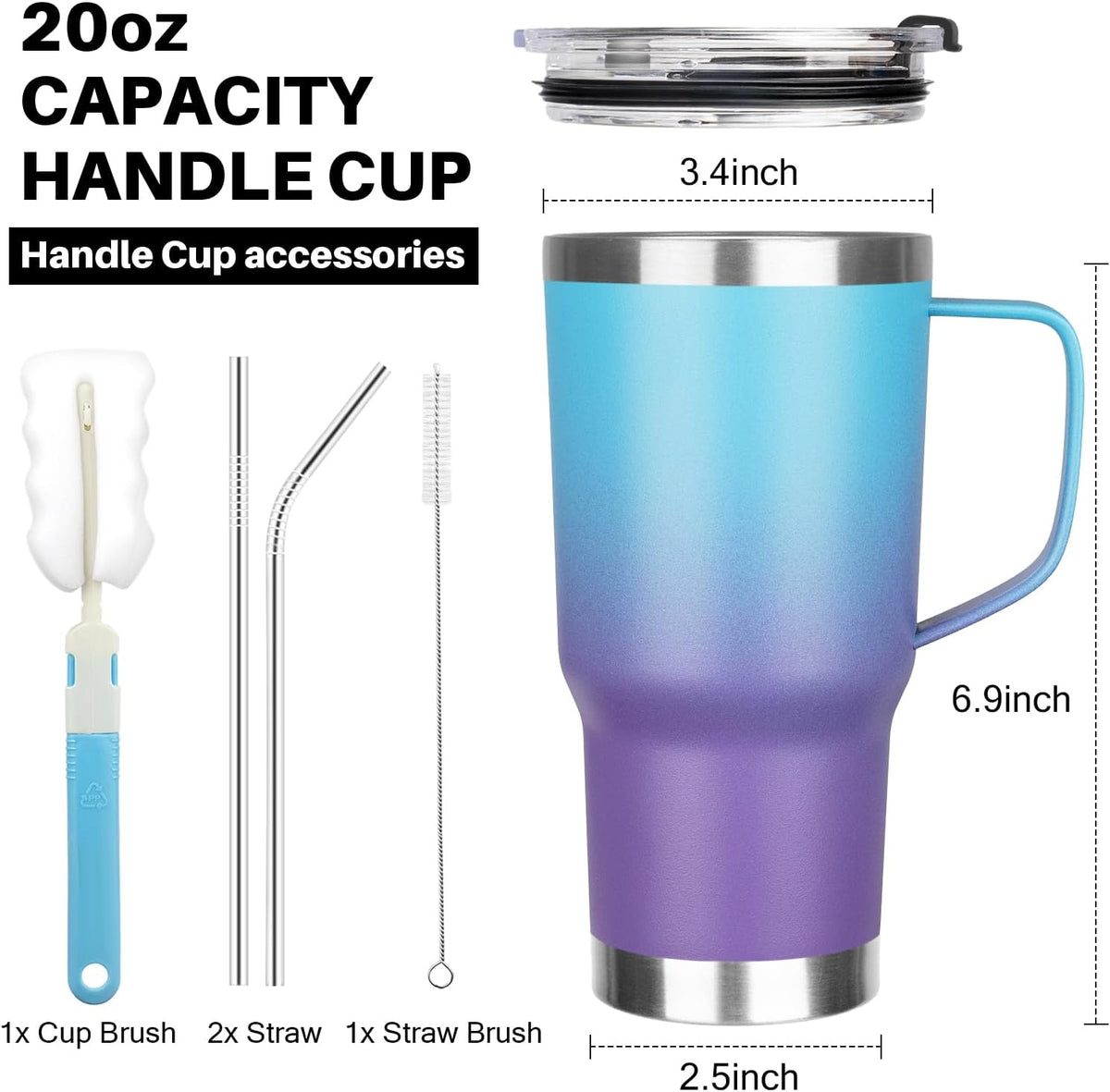20 oz Tumbler with Handle, Stainless Steel Insulated Tumbler with Lid and Straw, Double Wall Vacuum Coffee Mug Tumbler, Insulated Coffee Thermal Cup for Cold and Hot (Yellow, 20 Ounces)