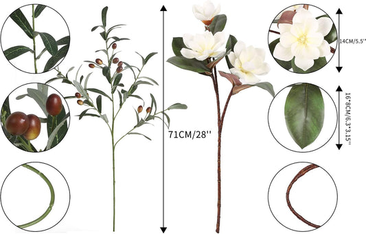 White Silk Magnolia Flowers with Olive Branches for Vases Real Touch White Flower Combo Artificial Olive Branches 30" Long Stem Artificial Flowers for Tall Vase Home Decor Indoor (White)
