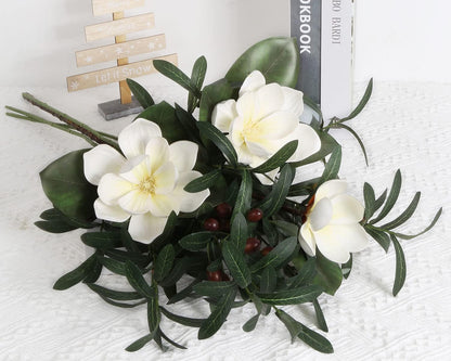 White Silk Magnolia Flowers with Olive Branches for Vases Real Touch White Flower Combo Artificial Olive Branches 30" Long Stem Artificial Flowers for Tall Vase Home Decor Indoor (White)
