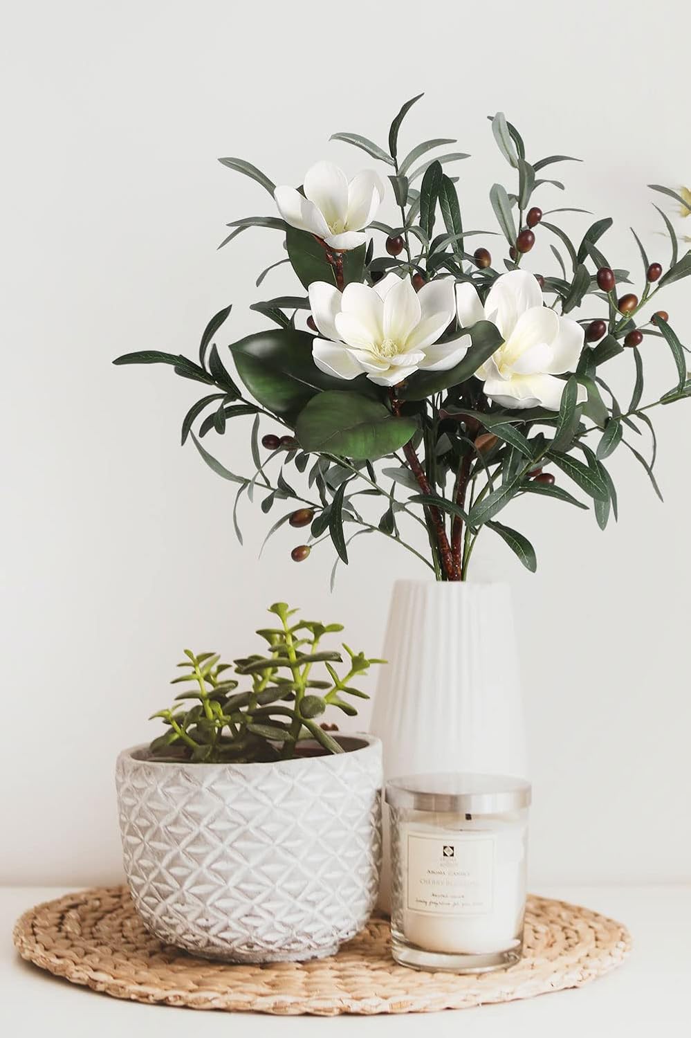 White Silk Magnolia Flowers with Olive Branches for Vases Real Touch White Flower Combo Artificial Olive Branches 30" Long Stem Artificial Flowers for Tall Vase Home Decor Indoor (White)